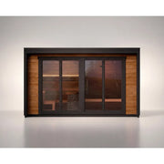 Leil® Patio L Gartensauna 5 Personen 9,6 m² mit Holzverkleidung, schwarzem Rahmen und Glasschiebetüren, Innenraum mit Holzbänken sichtbar