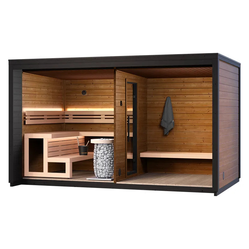 Leil® Patio L Gartensauna 5 Personen mit Holzinnenraum, Sitzbänken und Saunaofen auf schwarzem Untergrund