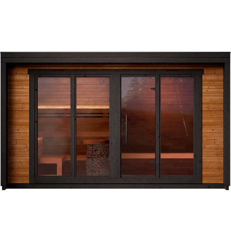 Leil® Patio L Gartensauna 5 Personen mit schwarzem Rahmen, Glastüren und Holzinnenraum mit Bänken