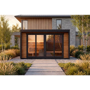 Leil® Patio L Gartensauna 5 Personen 9,6 m² mit Holzverkleidung und großen Glasfenstern im modernen Garten