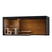 Leil Patio L Plus Gartensauna mit Überdachung von Leil Saunas, moderne Designsauna mit Holzinnenraum und schwarzem Dach