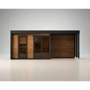 Leil Patio L Plus Gartensauna mit Überdachung von Leil Saunas, modernes Design mit Holzverkleidung und schwarzem Rahmen