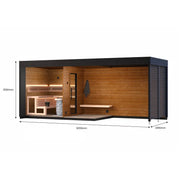 Leil Patio L Plus Gartensauna mit Überdachung, Innenansicht mit Holzbänken und Saunaofen