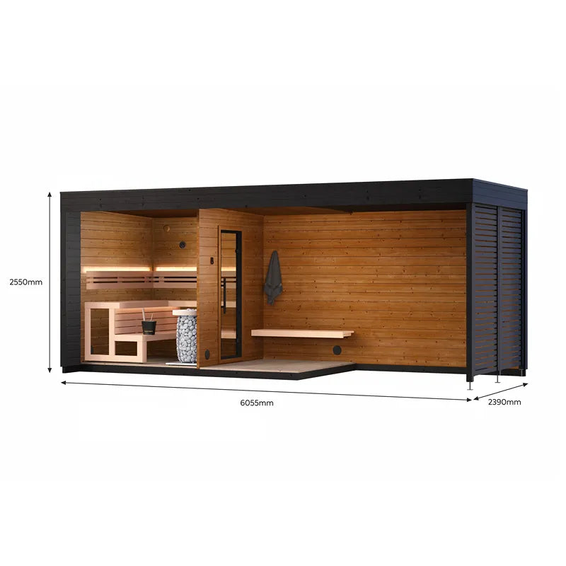 Leil Patio L Plus Gartensauna mit Überdachung, Innenansicht mit Holzbänken und Saunaofen