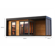 Leil Patio L Plus Gartensauna mit Überdachung, Holzaußenbau mit schwarzem Dach, Glasfronten und Maßangaben