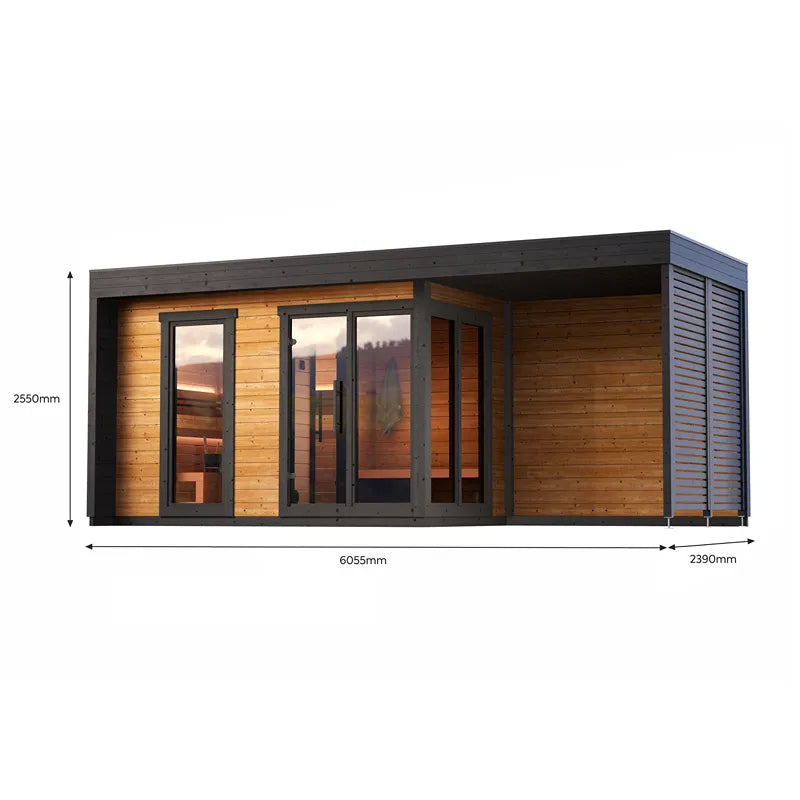 Leil Patio L Plus Gartensauna mit Überdachung, Holzaußenbau mit schwarzem Dach, Glasfronten und Maßangaben