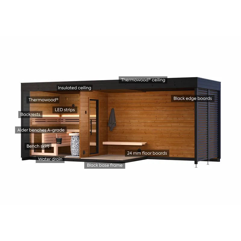 Leil Patio L Plus Gartensauna mit Überdachung – Innenansicht mit Thermowood-Wänden, Alder-Bänken und LED-Beleuchtung
