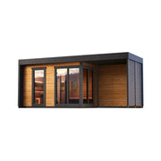 Leil Patio L Plus Gartensauna mit Überdachung von Leil Saunas, modernes Holzdesign mit großen Glastüren und grauem Dach