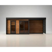 Leil Patio L Plus Gartensauna mit Überdachung von Leil Saunas, modernes Design mit Holzfassade und schwarzem Rahmen