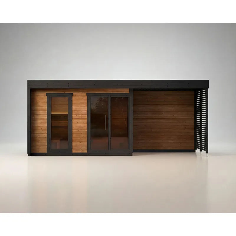 Leil Patio L Plus Gartensauna mit Überdachung von Leil Saunas, modernes Design mit Holzfassade und schwarzem Rahmen