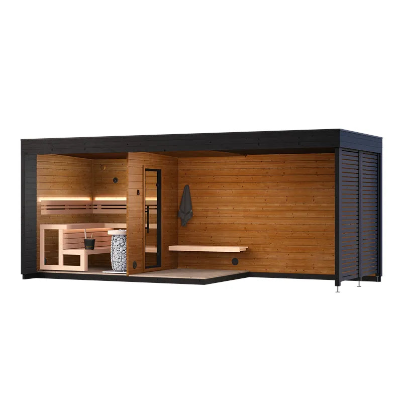 Leil Patio L Plus Gartensauna mit Überdachung von Leil Saunas, Holzsauna mit integrierter Terrasse und Saunaofen
