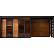 Leil Patio L Plus Gartensauna mit Überdachung von Leil Saunas - Frontansicht mit Holzverkleidung, schwarzem Rahmen und Glastüren