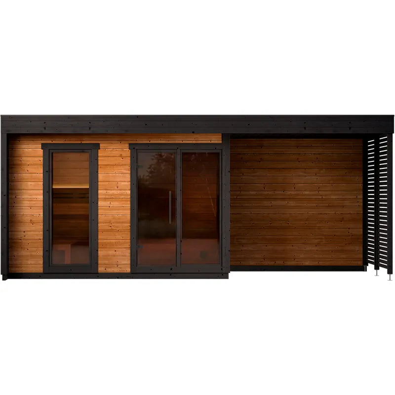 Leil Patio L Plus Gartensauna mit Überdachung von Leil Saunas - Frontansicht mit Holzverkleidung, schwarzem Rahmen und Glastüren