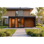 Leil Patio L Plus Gartensauna mit Überdachung von Leil Saunas in moderner Gartenanlage mit Holzfassade und Glasfront