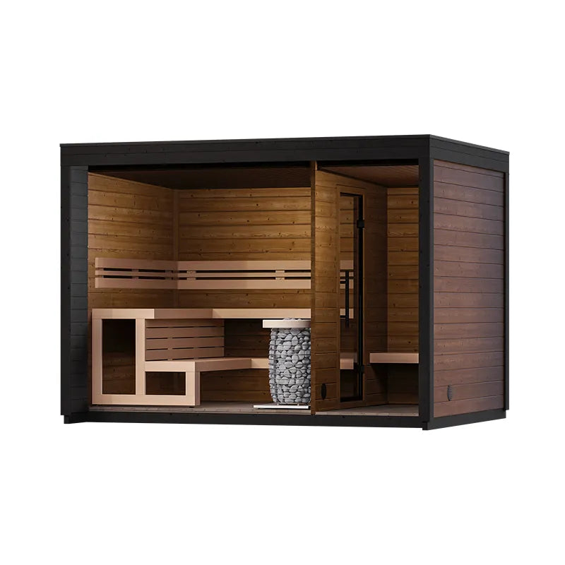 Leil Patio M Gartensauna 5 Personen mit schwarzem Rahmen, Holzinnenraum, Saunabänken und Saunaofen