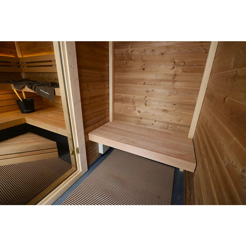 Leil Patio M Gartensauna Innenraum mit Holzbänken und Holzwänden