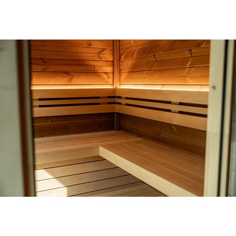 Leil Patio M Gartensauna Innenraum mit Holzbänken und LED-Beleuchtung