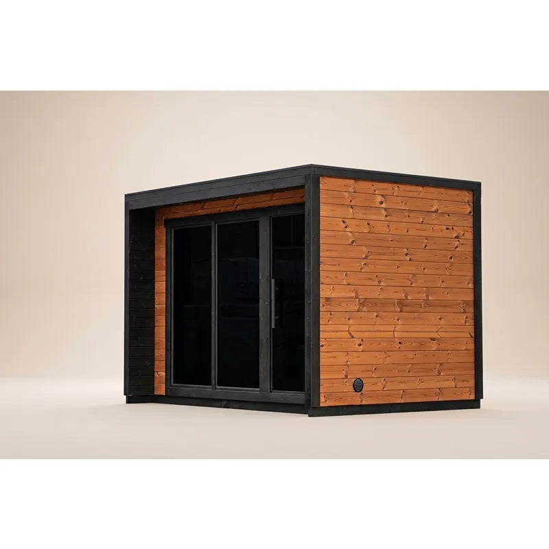 Leil Patio M Gartensauna von Leil Saunas mit Holzverkleidung, schwarzem Rahmen und großen Glasfenstern