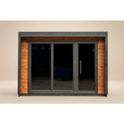 Leil Patio M Gartensauna 5 Personen 7,9 m² mit grauem Rahmen, Glastüren und Holzverkleidung