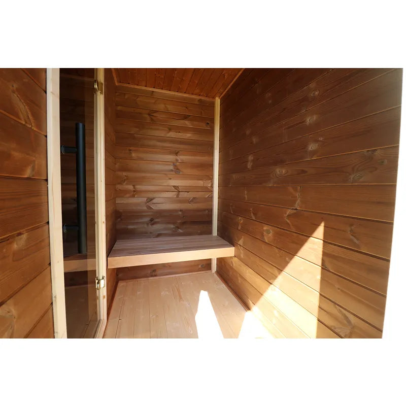 Leil Patio M Gartensauna Innenraum mit Holzbänken und Holzverkleidung