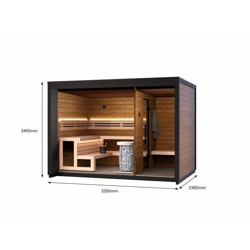 Leil Patio M Gartensauna 5 Personen 7,9 m² von Leil Saunas mit Holzinnenraum, Bänken und Saunaofen