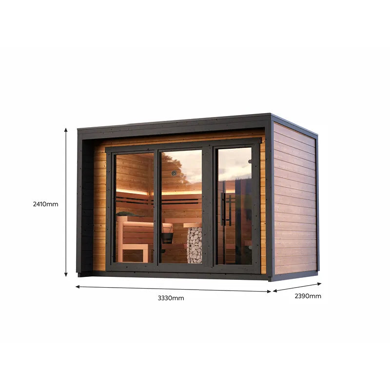 Leil Patio M Gartensauna 5 Personen 7,9 m² mit Holzinnenraum, schwarzem Rahmen und Glasfronten, Maße 3330x2390x2410mm