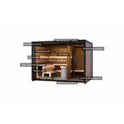 Leil Patio M Gartensauna 5 Personen 7,9 m² - Innenansicht mit Thermowood-Ausstattung, Holzbänken und LED-Beleuchtung
