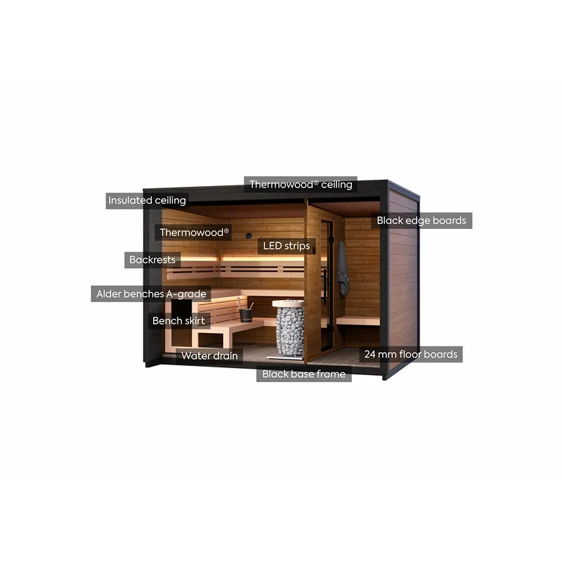 Leil Patio M Gartensauna 5 Personen 7,9 m² - Innenansicht mit Thermowood-Ausstattung, Holzbänken und LED-Beleuchtung