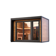 Leil Patio M Gartensauna 5 Personen 7,9 m² mit Holzverkleidung, großen Glastüren und beleuchteter Innenraum mit Holzbänken