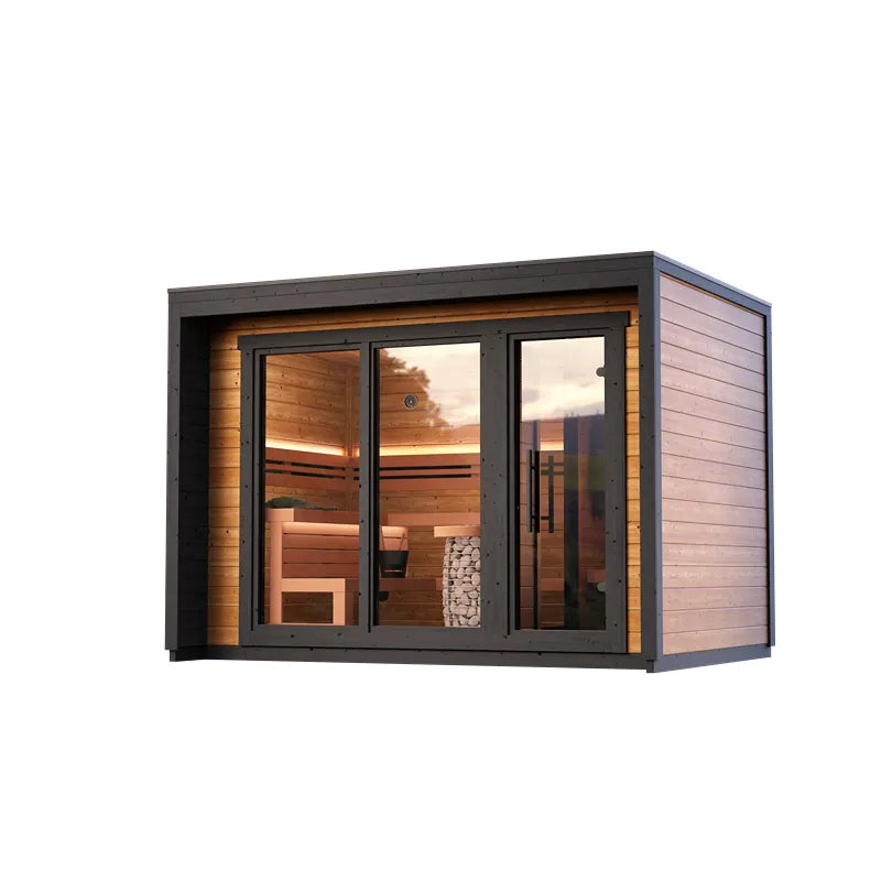 Leil Patio M Gartensauna 5 Personen 7,9 m² mit Holzverkleidung, großen Glastüren und beleuchteter Innenraum mit Holzbänken