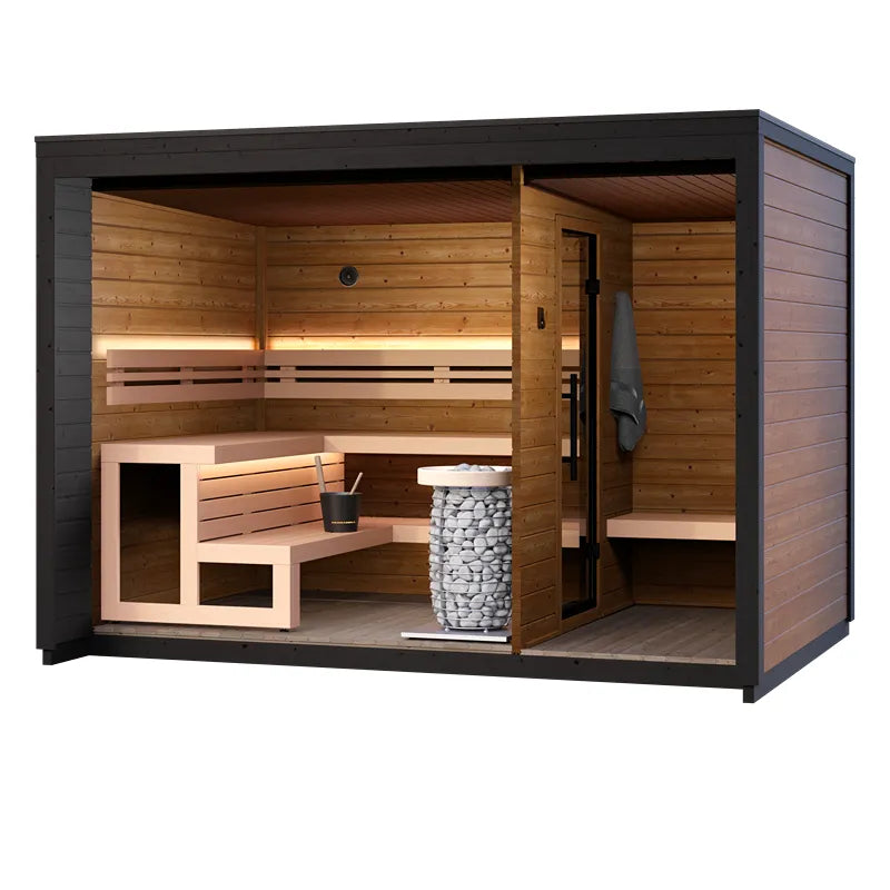 Leil Patio M Gartensauna 5 Personen 7,9 m² von Leil Saunas mit Holzinnenraum, Bänken und Saunaofen
