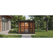 Leil Patio M Gartensauna 5 Personen 7,9 m² mit Holzfassade und großen Glastüren im modernen Garten