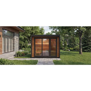 Leil Patio M Gartensauna 5 Personen 7,9 m² mit Holzverkleidung und großen Glasfenstern im modernen Garten