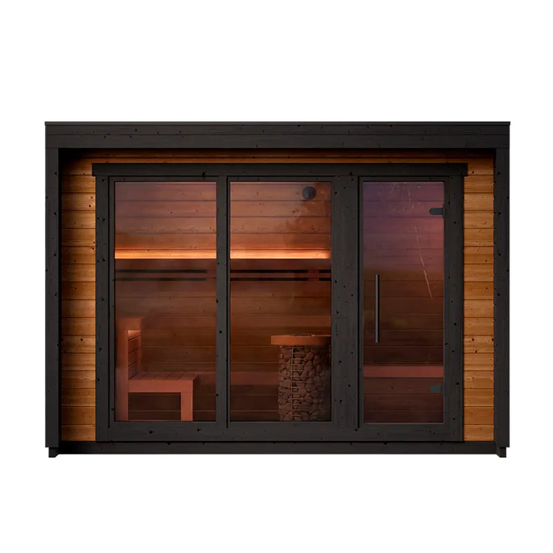 Leil Patio M Gartensauna 5 Personen mit schwarzem Rahmen, Glastüren und Holzinnenraum mit Bänken