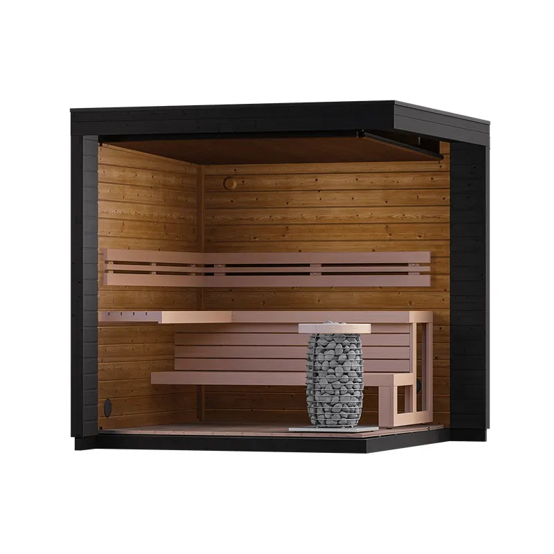 Leil Patio S Gartensauna 4 Personen mit schwarzem Außenrahmen, Holzinnenraum, Holzbänken und Saunaofen mit Steinen