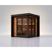 Leil Patio S Gartensauna 4 Personen mit schwarzem Rahmen, Holzverkleidung und großen Glastüren