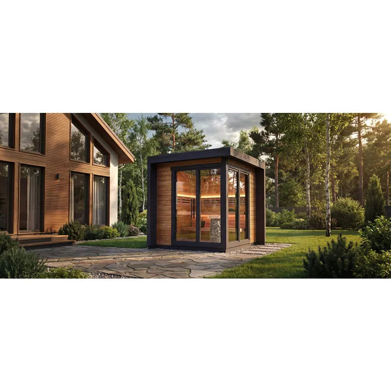 Leil Patio S Gartensauna 4 Personen von Leil Saunas mit Holzverkleidung und großen Glaspaneelen im modernen Garten neben Wohnhaus