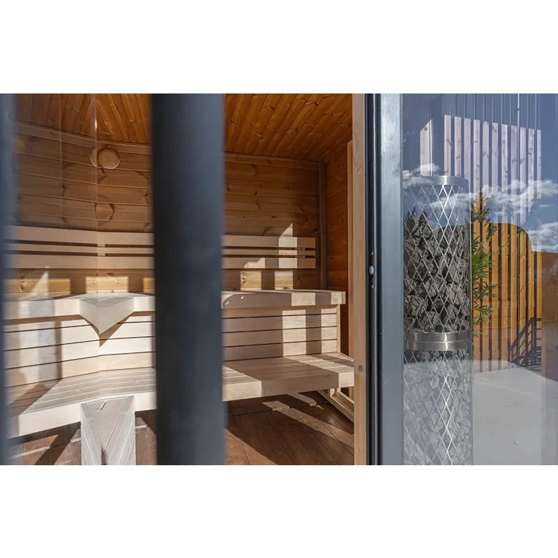 Leil Patio S Gartensauna 4 Personen mit Holzbänken, Glasfront und Außenterrasse