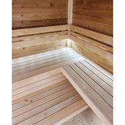 Leil Patio S Gartensauna Innenraum mit mehrstufigen Holzbänken aus hellem Holz