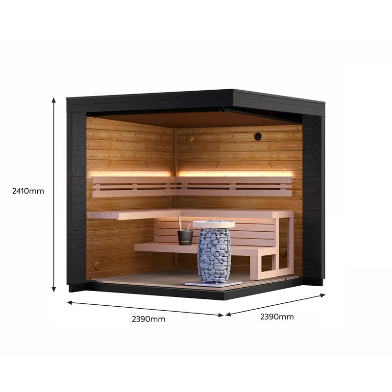 Leil Patio S Gartensauna 4 Personen Innenraum mit Holzbänken, Saunaofen und Dimensionsangaben