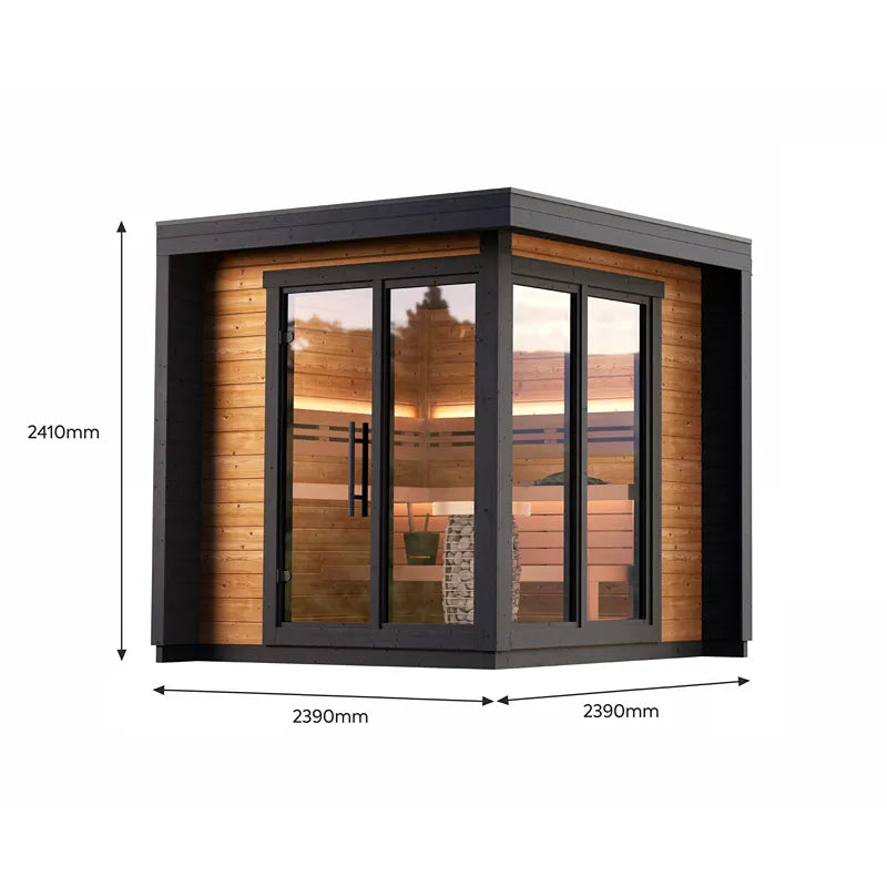 Leil Patio S Gartensauna 4 Personen mit Maßangaben, Holzverkleidung und Glastüren