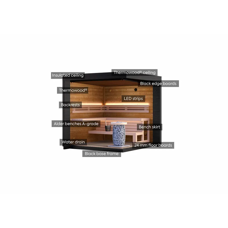 Leil Patio S Gartensauna 4 Personen Innenraum mit Thermowood-Holzbänken, LED-Beleuchtung und Saunaofen