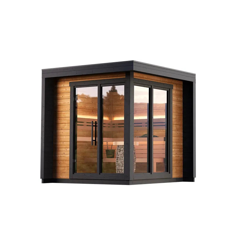 Leil Patio S Gartensauna 4 Personen von Leil Saunas mit Holzverkleidung, großem Fenster und modernem Rahmen