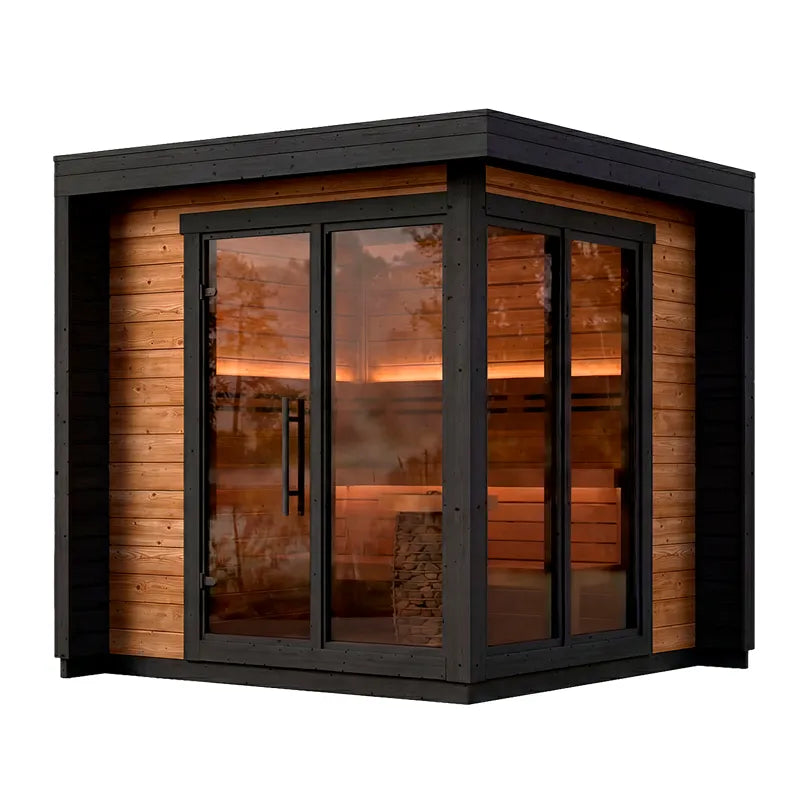 Leil Patio S Gartensauna 4 Personen mit Holzverkleidung, großen Glastüren und Innenbeleuchtung