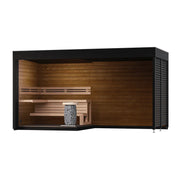 Leil Patio S Plus Gartensauna mit Überdachung von Leil Saunas, schwarzes Dach mit Holzinnenraum und Saunaofen