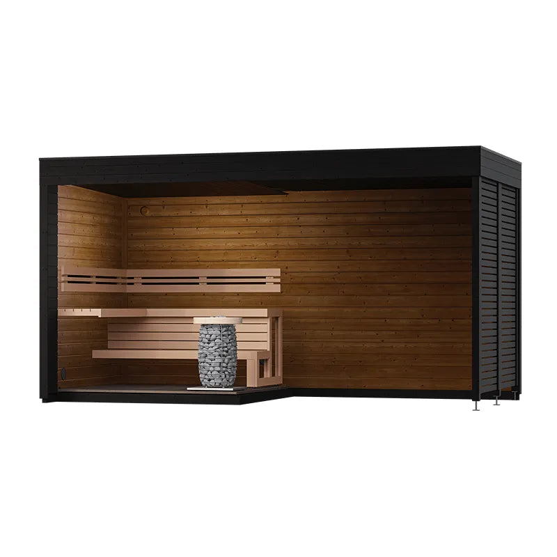 Leil Patio S Plus Gartensauna mit Überdachung von Leil Saunas, schwarzes Dach mit Holzinnenraum und Saunaofen