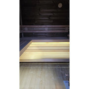 Leil Patio S Plus Gartensauna Innenraum mit Holzbänken und LED-Beleuchtung von Leil Saunas