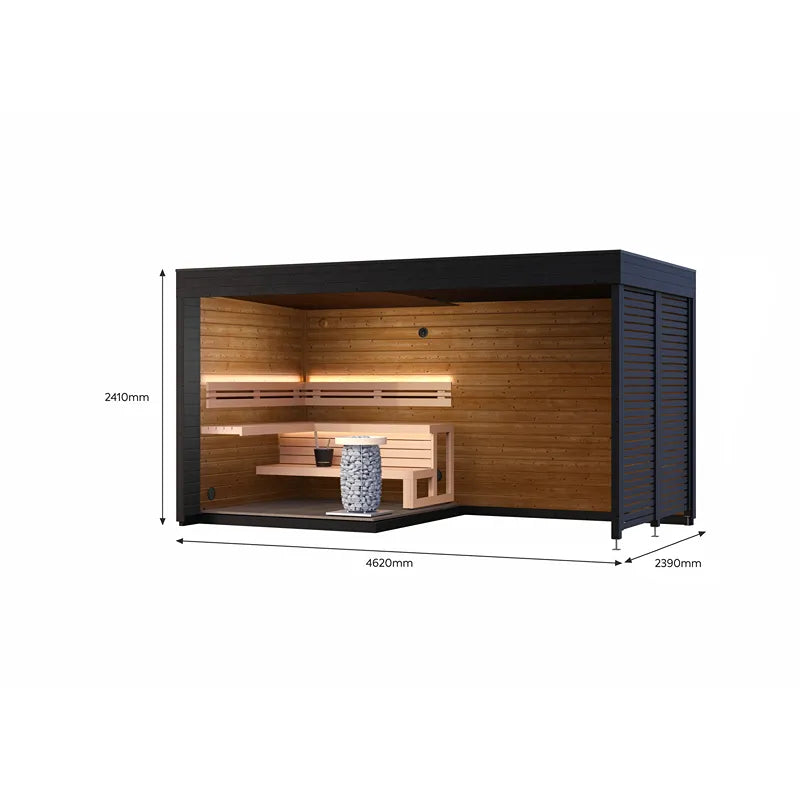 Leil Patio S Plus Gartensauna mit Überdachung, Innenansicht mit Holzbänken, Saunaofen und Beleuchtung