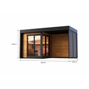 Leil Patio S Plus Gartensauna mit Überdachung von Leil Saunas, Holzfassade mit Glastüren und schwarzem Dach, Maße 4620 x 2390 x 2410 mm
