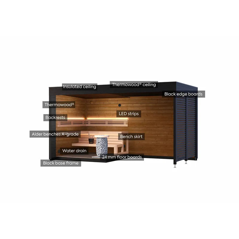 Leil Patio S Plus Gartensauna mit Überdachung – Schnittansicht mit Thermowood-Holz, LED-Beleuchtung und Alder-Bänken